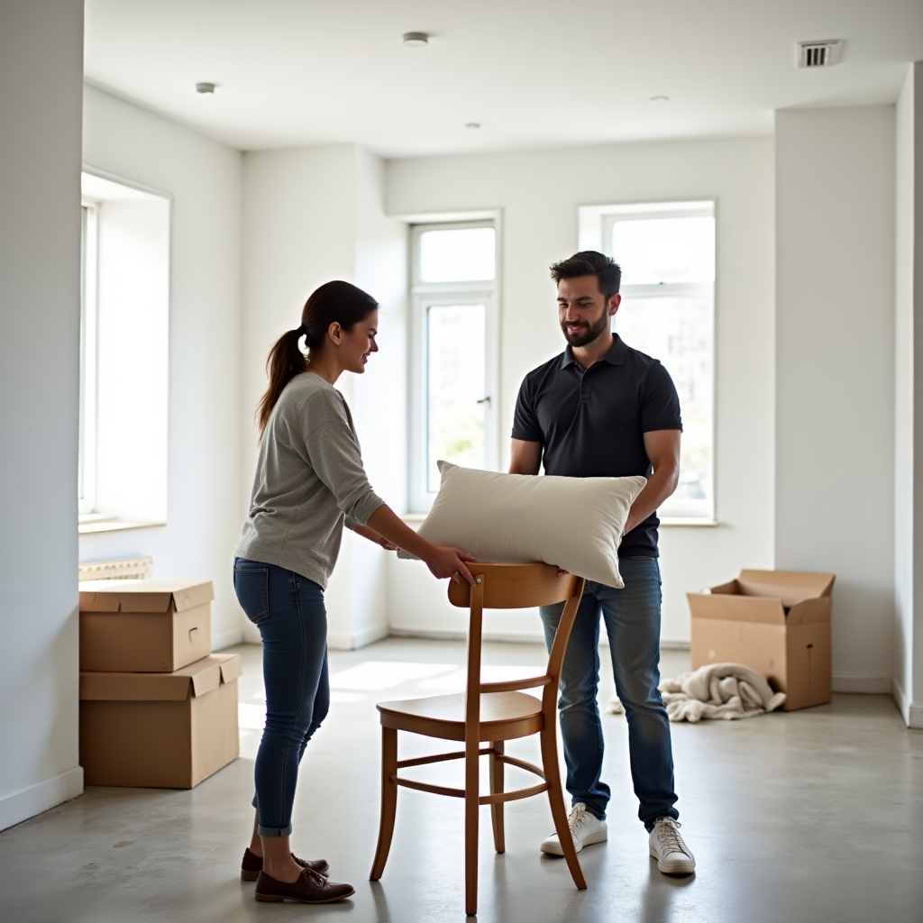 Staging team installing contemporary furniture in an empty investment apartment