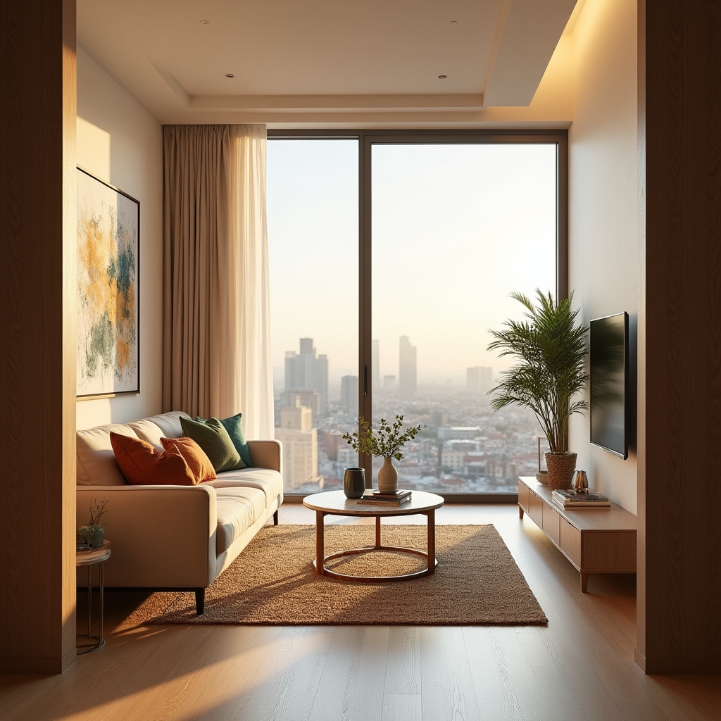 Professionally staged apartment living room in a new Santiago tower